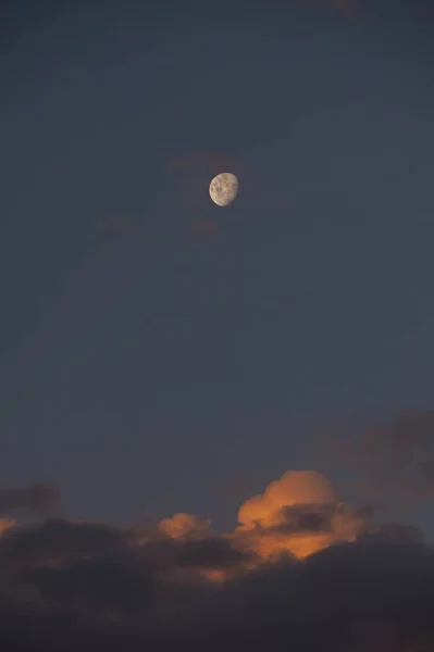 黄昏时分 白色的月亮带着几片云彩垂直地照在夜空中 — 图库照片