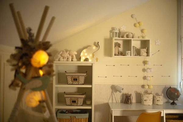 Cute Bedroom Interior Pastel Tones Lights — Stok fotoğraf