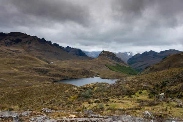Údolí Obklopené Kopci Vodou Pokrytou Zelení Pod Zamračenou Oblohou Ekvádoru — Stock fotografie