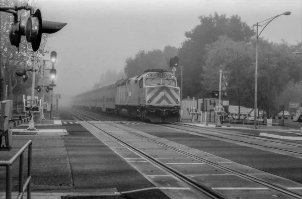 Greyscale Shot Train Arriving Railway Station City — ストック写真