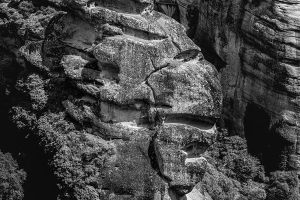 Una Escala Grises Rocas Cubiertas Musgos Árboles Bajo Luz Del — Foto de Stock