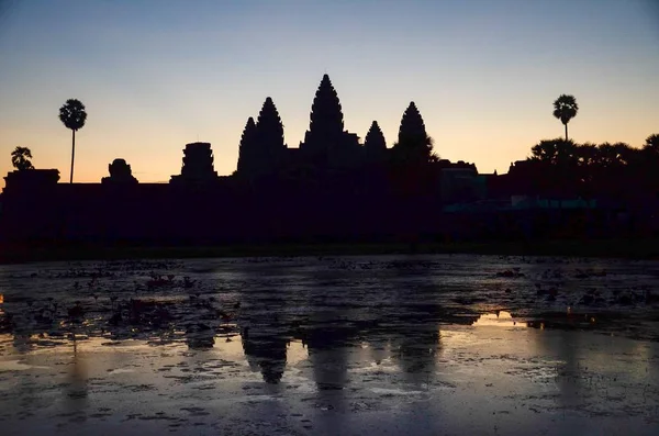 Zakres Drzew Odbijających Się Powierzchni Wody Wieczorem Angkor Wat Kambodża — Zdjęcie stockowe