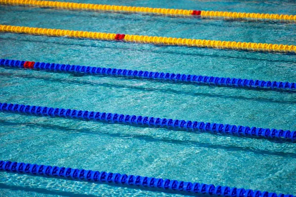 Uma Piscina Com Cordas Azuis Amarelas Prontas Para Uma Competição — Fotografia de Stock