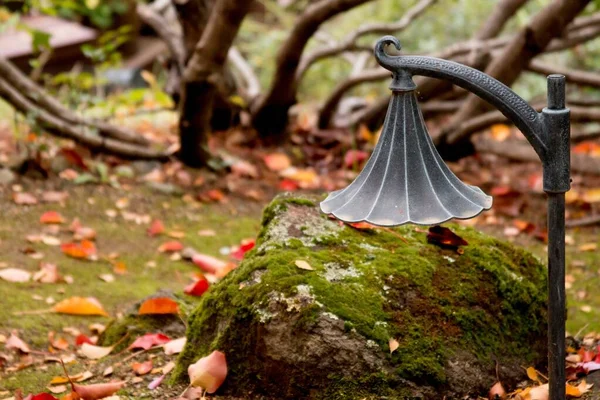 Eine Metalllampe Einem Garten Mit Vielen Abgefallenen Herbstblättern — Stockfoto