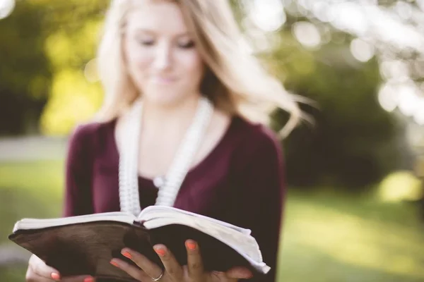 Flachbild einer weißen Frau, die unter den hellen Sonnenstrahlen die Bibel liest — Stockfoto