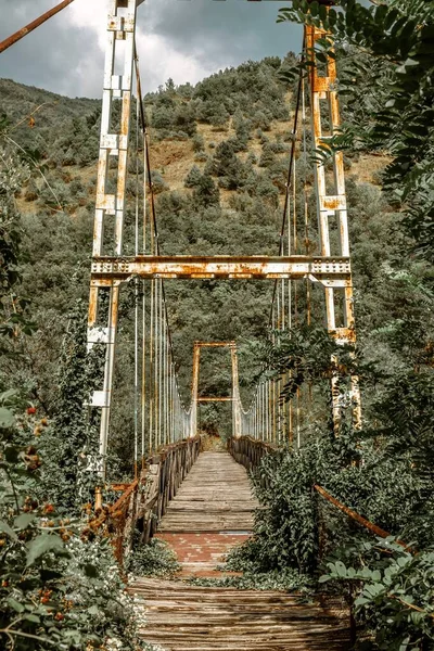 Yeşil Dağ Manzarasının Ortasındaki Eski Bir Köprünün Dikey Görüntüsü — Stok fotoğraf