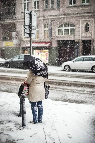 一个拿着雨伞站在街上雪地下的人的垂直射击 — 图库照片