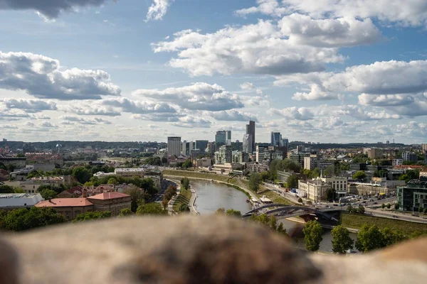 Vilnius città circondata da edifici verdi e un fiume sotto un cielo nuvoloso in Lituania — Foto Stock