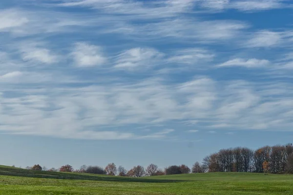 Krásné stromy na trávě pokryté kopec pod mraky na obloze — Stock fotografie