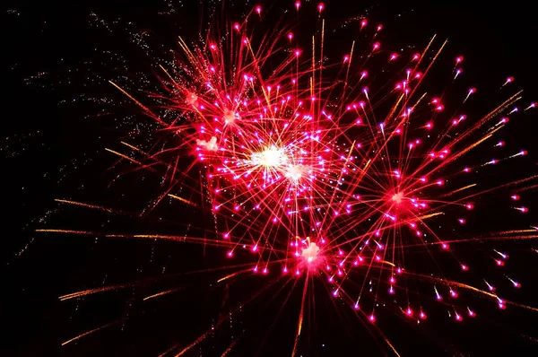 Vista ad angolo basso di fuochi d'artificio colorati nel cielo durante la notte - un'immagine fresca per gli sfondi — Foto Stock