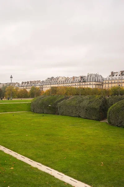 Tuileries Tuin omringd door gebouwen onder een bewolkte hemel in Parijs in Frankrijk — Stockfoto