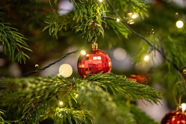 Mooie versierde kerstboom met rode kerstballen en strijklichten — Stockfoto