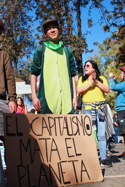 智利圣地亚哥 2019年9月20日 在智利圣地亚哥为地球举行的全球罢工中 学生们在周五为未来举行抗议 空中的手和海报 — 图库照片