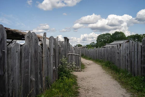 Pathway omgiven av trästaket och grönska under molnig himmel under dagtid — Stockfoto