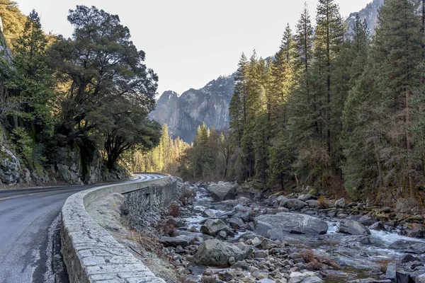 Schöne Aussicht auf eine Straße am Fluss und die Bäume im Yosemite Nationalpark, Kalifornien, USA — Stockfoto