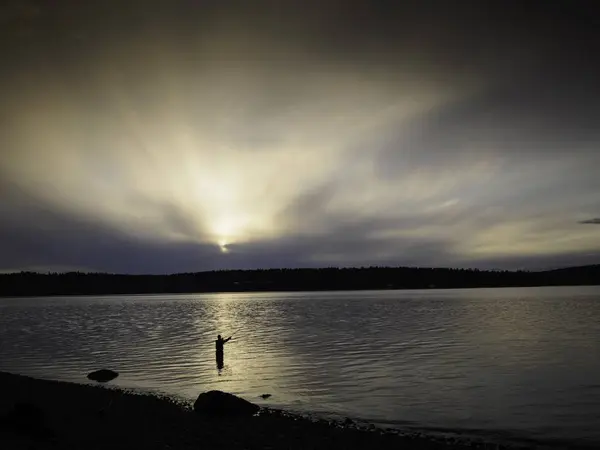 Paisagem de um mar com um homem nele cercado por vegetação sob um céu nublado durante o pôr do sol — Fotografia de Stock