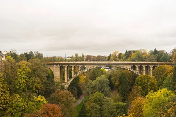 Arch bridge surrounded by trees under a cloudy sky during autumn — 스톡 사진