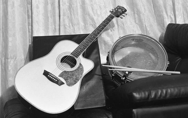 Grey scale shot of a guitar and a drum with drumsticks on a leather sofa — 스톡 사진