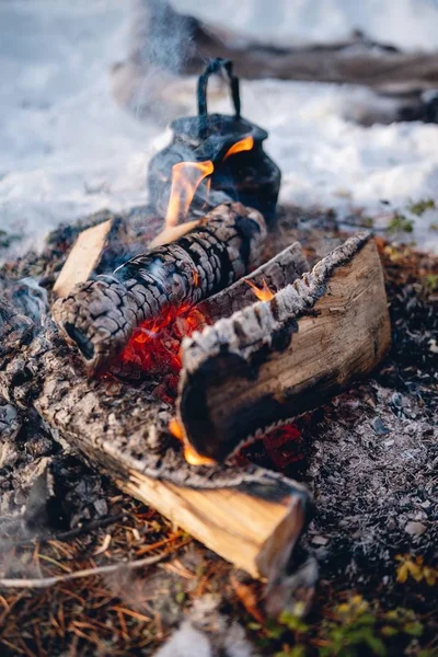 Tiro vertical de madeiras queimando no inverno no norte da Suécia — Fotografia de Stock