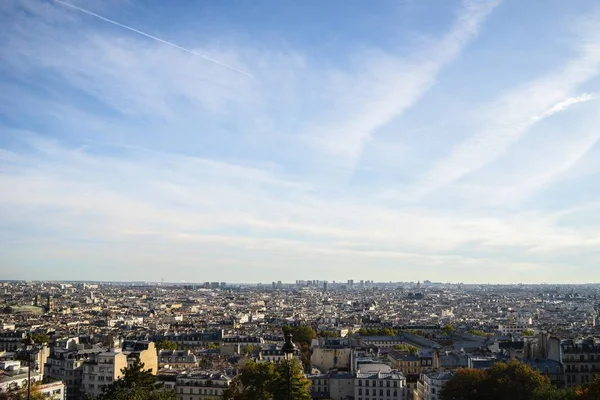 フランスの太陽の下で緑と建物に覆われたパリの高い角度の景色 — ストック写真