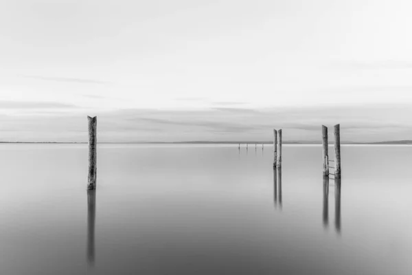 Gråskala Bild Träpir Nära Havet Den Vackra Molniga Himlen — Stockfoto