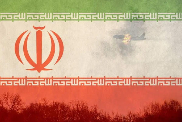 Twin Motorer Brand Nödlandning Koncept Flygplatsen Med Iransk Flagga Bakgrunden — Stockfoto