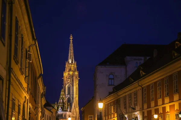 Long Plan Flèche Église Matthias Budapest Hongrie Nuit — Photo