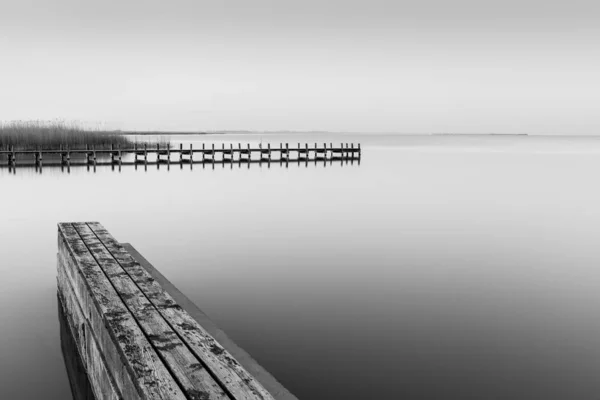 Greyscale Shot Wooden Pier Sea Daytime — Stock Photo, Image