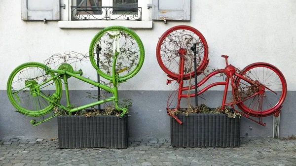 Cenário de bicicletas viradas de cabeça para baixo com plantas crescendo sobre eles — Fotografia de Stock