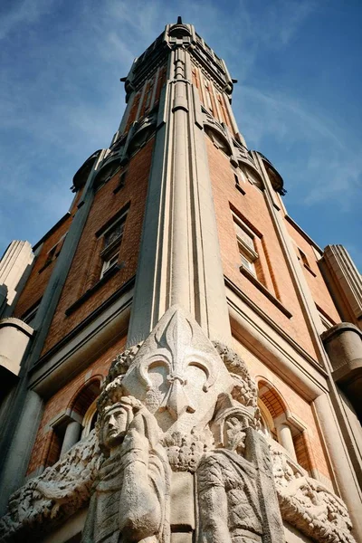Tiro Vertical Baixo Ângulo Edifício Com Belas Esculturas Lille França — Fotografia de Stock