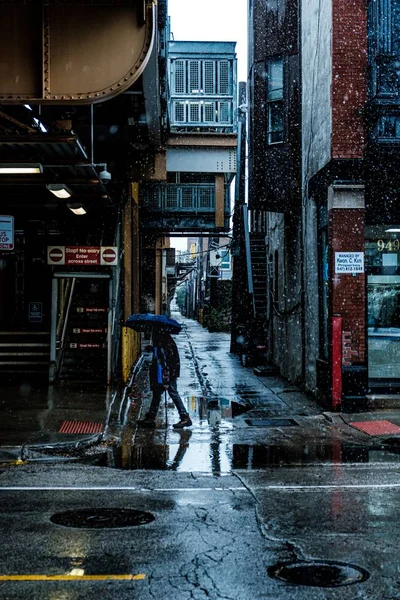 Photo verticale d'une personne marchant avec un parapluie par une journée enneigée — Photo