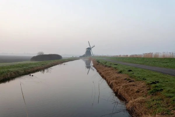 Scenery of a lake in the middle of the field covered in fog in Holland — Stockfoto