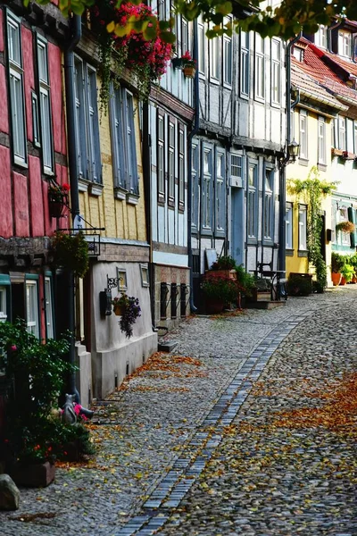 Вертикальный снимок красочных зданий на узкой асфальтированной улице — стоковое фото