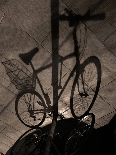 Vertikale Aufnahme eines Fahrradschattens, der sich am Boden spiegelt — Stockfoto
