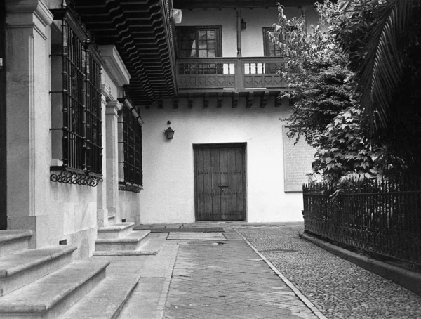 Grey scale shot of a beautiful house on a paved street — 스톡 사진