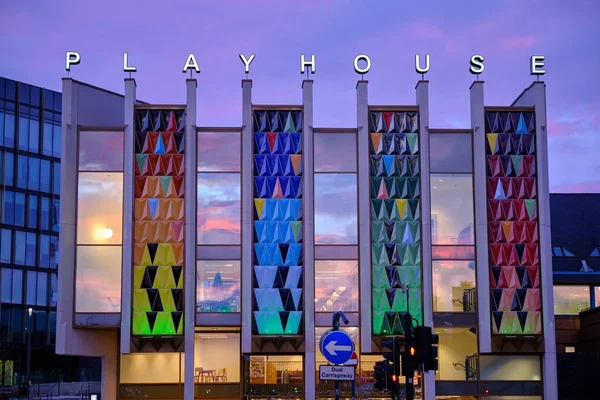 Leeds United Kingdom Jan 2020 Leeds Playhouse Building Lite Sunset — Stock Photo, Image