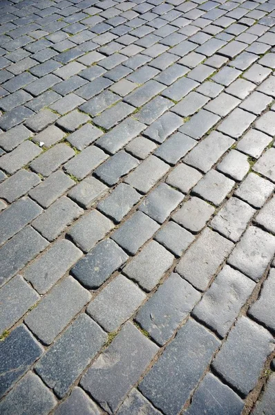 Vertikale Nahaufnahme eines Kopfsteinpflasters mit grauen, quadratischen Fliesen — Stockfoto