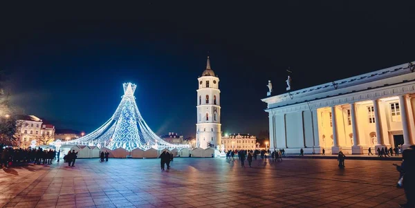 Wide angle shot of Vilnius Cathedral in Lithuania at night — Stock Photo, Image