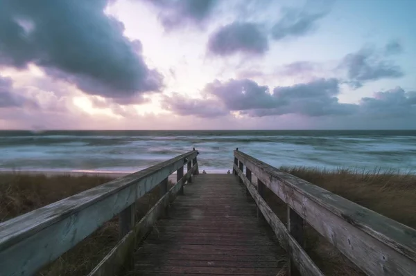 Wooden Bridge Beach Surrounded Sea Island Sylt Germany — 스톡 사진