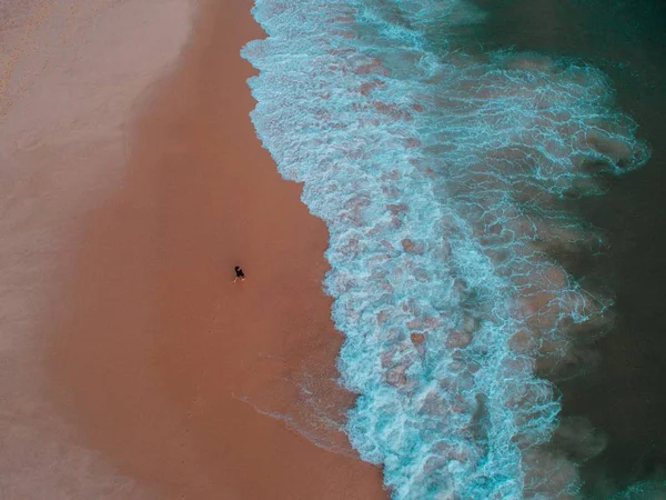 Prachtig uitzicht vanuit de lucht op een eenzame persoon die over een strand loopt — Stockfoto