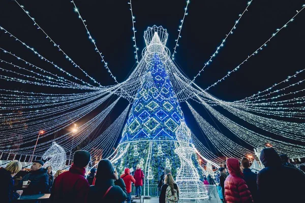 Low angle shot of a lit up Christmas tree surrounded by many people at night — 스톡 사진