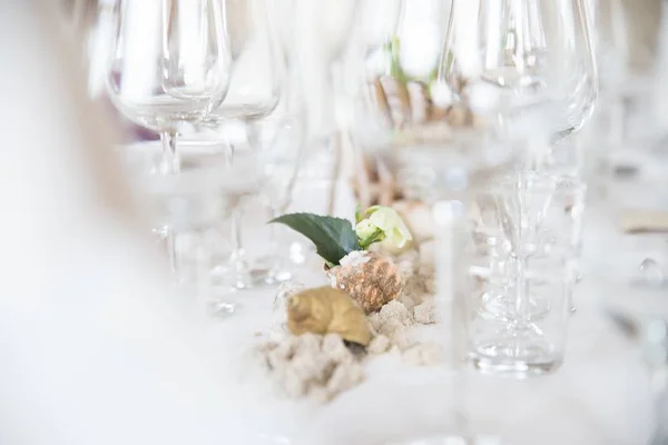 Selective focus shot of decoration with seashells on the dining table — 스톡 사진