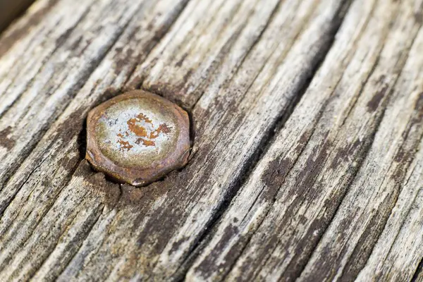 Closeup Old Rusty Nail Wooden Plank Lights Blurred Background — ストック写真