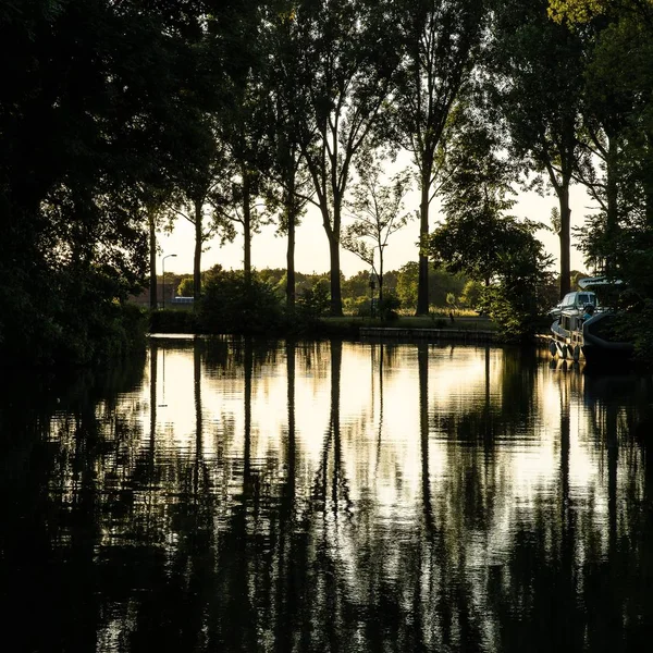 Beautiful Shot Pond Boat Surrounded Green Trees — Stock Photo, Image