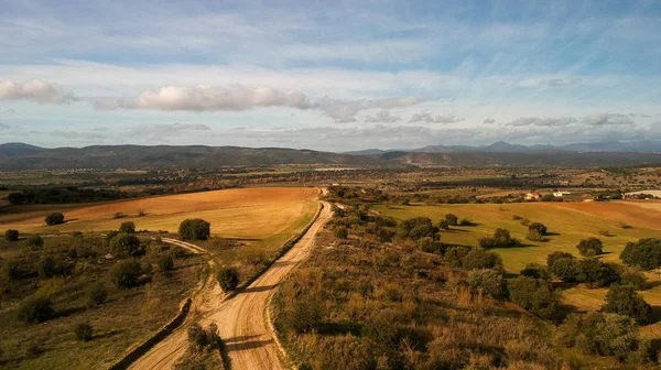 背景には曇り空の下 丘のある緑に覆われた畑の高い角度の眺め — ストック写真