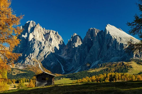 Drewniany Dom Trawiastym Polu Górami Oddali Dolomicie Włochy — Zdjęcie stockowe