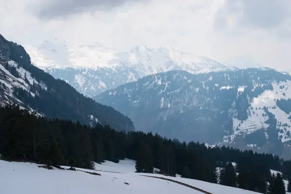 Una Hermosa Gama Altas Montañas Rocosas Cubiertas Nieve Bajo Cielo —  Fotos de Stock