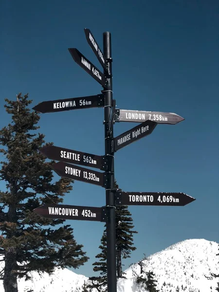 Ein Wegweiser Auf Einer Skischanze Der Die Verschiedenen Entfernungen Verschiedenen — Stockfoto
