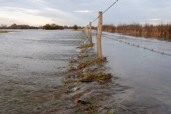 Terreno agrícola inundado por un río con una valla alambrada en Holanda. — Foto de Stock