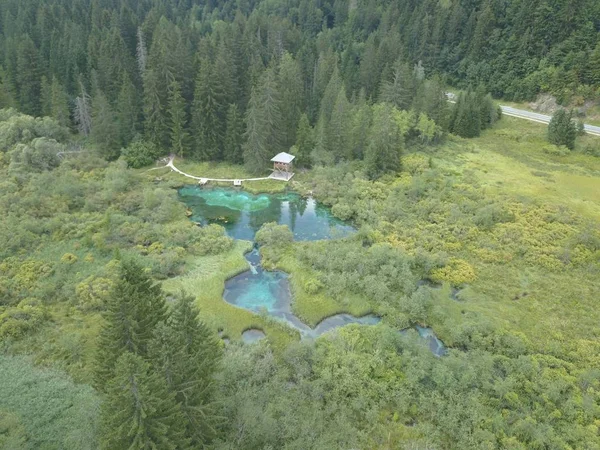 Tiro aéreo da Reserva Natural Zelenci na Eslovénia — Fotografia de Stock